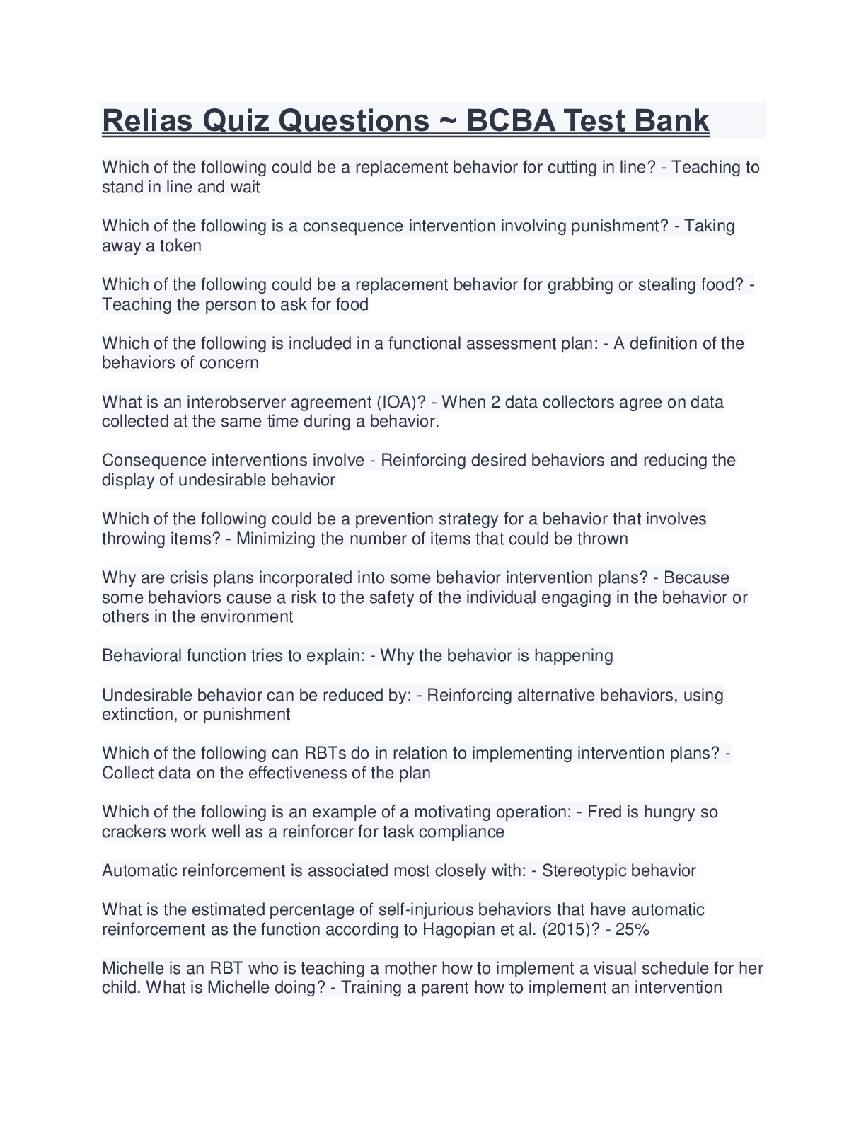 Preview image for Relias Quiz Questions ~ BCBA Test Bank_ Complete Latest (answered) Ace on your BCBA 2024